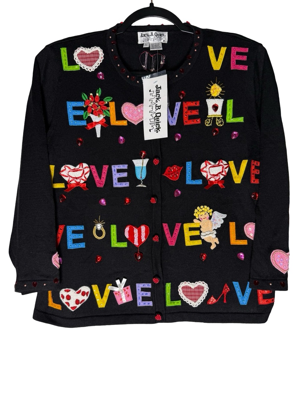 Jack B Quick Sz Large Valentine LOVE Cardigan Hearts Beaded Sequin Embellish NWT